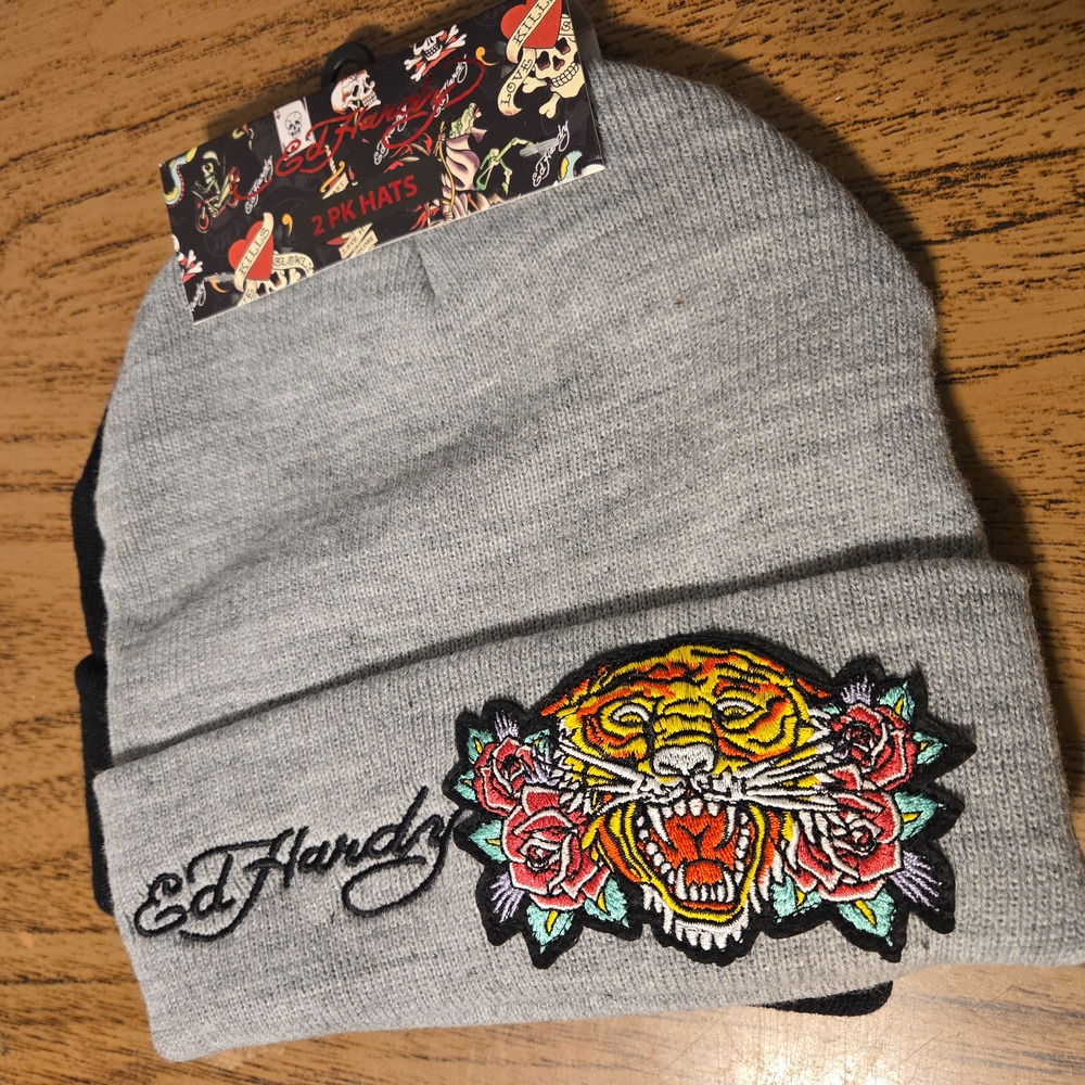 Ed Hardy 2 Pack Beanies Gray Tiger and Black Skull LOVE KILLS SLOWLY